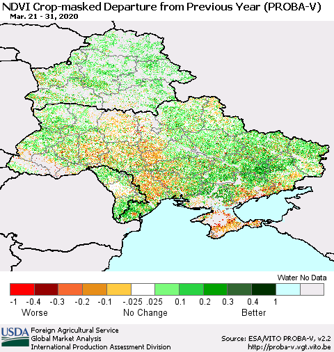 Ukraine, Moldova and Belarus NDVI Crop-masked Departure from Previous Year (PROBA-V) Thematic Map For 3/21/2020 - 3/31/2020