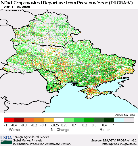 Ukraine, Moldova and Belarus NDVI Crop-masked Departure from Previous Year (PROBA-V) Thematic Map For 4/1/2020 - 4/10/2020