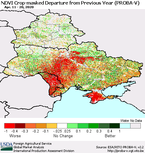 Ukraine, Moldova and Belarus NDVI Crop-masked Departure from Previous Year (PROBA-V) Thematic Map For 4/11/2020 - 4/20/2020