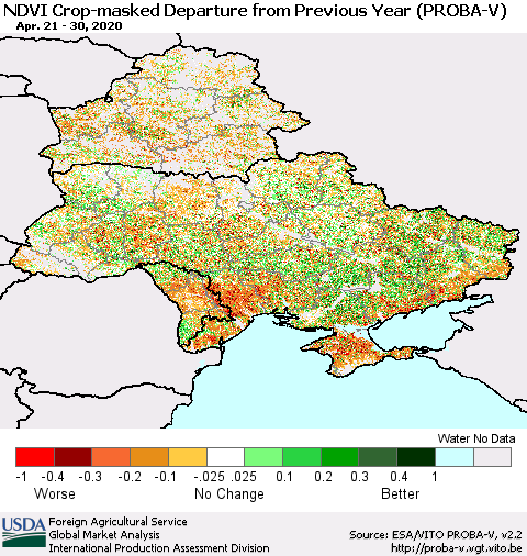 Ukraine, Moldova and Belarus NDVI Crop-masked Departure from Previous Year (PROBA-V) Thematic Map For 4/21/2020 - 4/30/2020