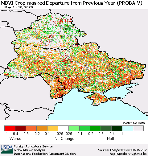 Ukraine, Moldova and Belarus NDVI Crop-masked Departure from Previous Year (PROBA-V) Thematic Map For 5/1/2020 - 5/10/2020