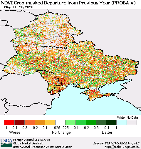 Ukraine, Moldova and Belarus NDVI Crop-masked Departure from Previous Year (PROBA-V) Thematic Map For 5/11/2020 - 5/20/2020
