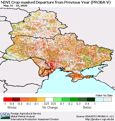 Ukraine, Moldova and Belarus NDVI Crop-masked Departure from Previous Year (PROBA-V) Thematic Map For 5/21/2020 - 5/31/2020