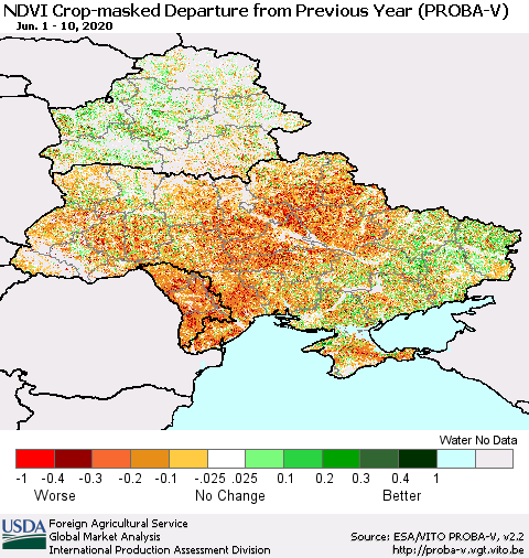 Ukraine, Moldova and Belarus NDVI Crop-masked Departure from Previous Year (PROBA-V) Thematic Map For 6/1/2020 - 6/10/2020