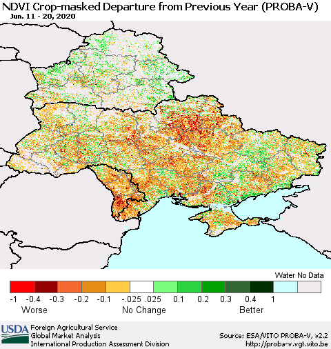 Ukraine, Moldova and Belarus NDVI Crop-masked Departure from Previous Year (PROBA-V) Thematic Map For 6/11/2020 - 6/20/2020