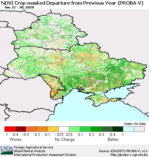 Ukraine, Moldova and Belarus NDVI Crop-masked Departure from Previous Year (PROBA-V) Thematic Map For 6/21/2020 - 6/30/2020