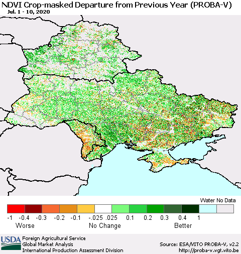 Ukraine, Moldova and Belarus NDVI Crop-masked Departure from Previous Year (PROBA-V) Thematic Map For 7/1/2020 - 7/10/2020