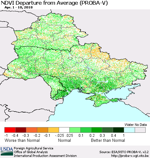 Ukraine, Moldova and Belarus NDVI Departure from Average (PROBA-V) Thematic Map For 4/1/2018 - 4/10/2018