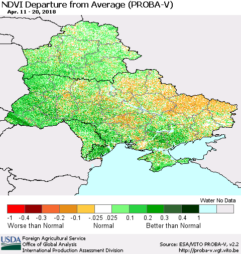 Ukraine, Moldova and Belarus NDVI Departure from Average (PROBA-V) Thematic Map For 4/11/2018 - 4/20/2018