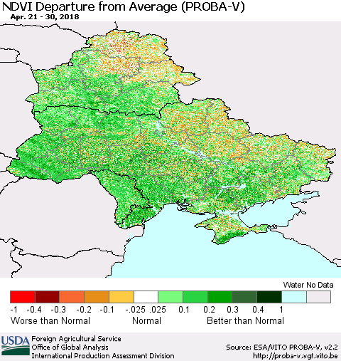 Ukraine, Moldova and Belarus NDVI Departure from Average (PROBA-V) Thematic Map For 4/21/2018 - 4/30/2018