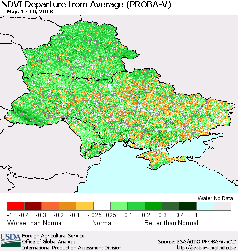 Ukraine, Moldova and Belarus NDVI Departure from Average (PROBA-V) Thematic Map For 5/1/2018 - 5/10/2018