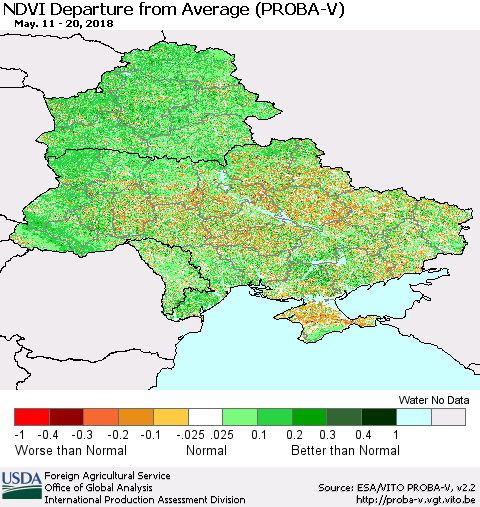 Ukraine, Moldova and Belarus NDVI Departure from Average (PROBA-V) Thematic Map For 5/11/2018 - 5/20/2018