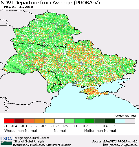 Ukraine, Moldova and Belarus NDVI Departure from Average (PROBA-V) Thematic Map For 5/21/2018 - 5/31/2018