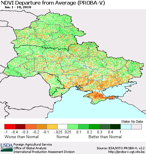Ukraine, Moldova and Belarus NDVI Departure from Average (PROBA-V) Thematic Map For 6/1/2018 - 6/10/2018