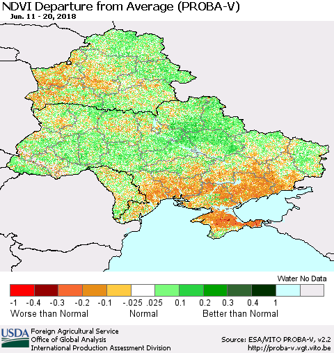 Ukraine, Moldova and Belarus NDVI Departure from Average (PROBA-V) Thematic Map For 6/11/2018 - 6/20/2018