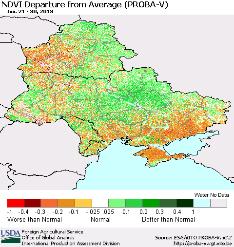 Ukraine, Moldova and Belarus NDVI Departure from Average (PROBA-V) Thematic Map For 6/21/2018 - 6/30/2018