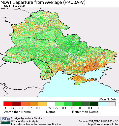 Ukraine, Moldova and Belarus NDVI Departure from Average (PROBA-V) Thematic Map For 7/1/2018 - 7/10/2018