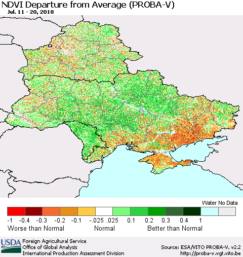 Ukraine, Moldova and Belarus NDVI Departure from Average (PROBA-V) Thematic Map For 7/11/2018 - 7/20/2018