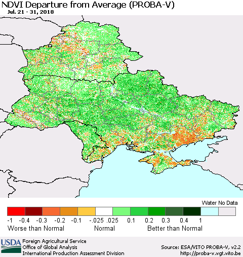 Ukraine, Moldova and Belarus NDVI Departure from Average (PROBA-V) Thematic Map For 7/21/2018 - 7/31/2018