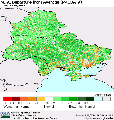 Ukraine, Moldova and Belarus NDVI Departure from Average (PROBA-V) Thematic Map For 8/1/2018 - 8/10/2018