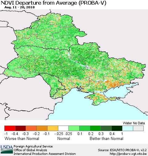 Ukraine, Moldova and Belarus NDVI Departure from Average (PROBA-V) Thematic Map For 8/11/2018 - 8/20/2018