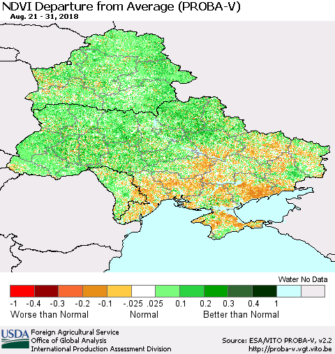 Ukraine, Moldova and Belarus NDVI Departure from Average (PROBA-V) Thematic Map For 8/21/2018 - 8/31/2018