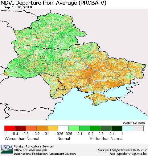 Ukraine, Moldova and Belarus NDVI Departure from Average (PROBA-V) Thematic Map For 9/1/2018 - 9/10/2018