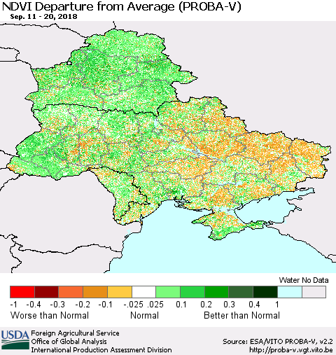 Ukraine, Moldova and Belarus NDVI Departure from Average (PROBA-V) Thematic Map For 9/11/2018 - 9/20/2018