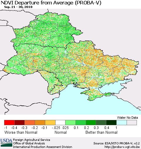 Ukraine, Moldova and Belarus NDVI Departure from Average (PROBA-V) Thematic Map For 9/21/2018 - 9/30/2018