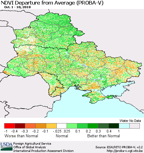 Ukraine, Moldova and Belarus NDVI Departure from Average (PROBA-V) Thematic Map For 10/1/2018 - 10/10/2018