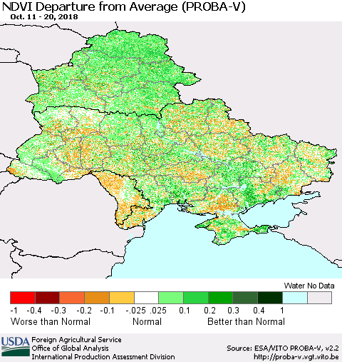 Ukraine, Moldova and Belarus NDVI Departure from Average (PROBA-V) Thematic Map For 10/11/2018 - 10/20/2018