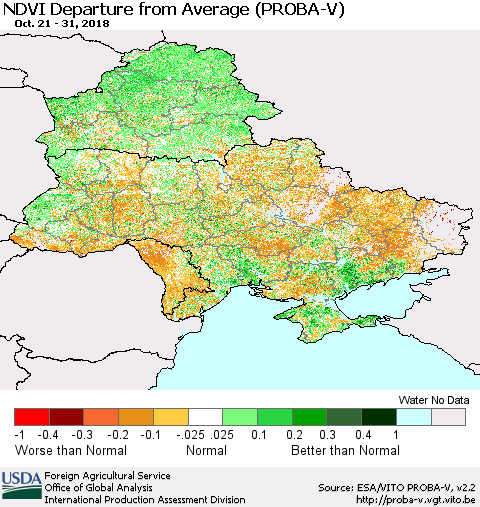Ukraine, Moldova and Belarus NDVI Departure from Average (PROBA-V) Thematic Map For 10/21/2018 - 10/31/2018