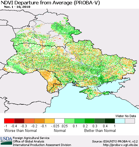 Ukraine, Moldova and Belarus NDVI Departure from Average (PROBA-V) Thematic Map For 11/1/2018 - 11/10/2018