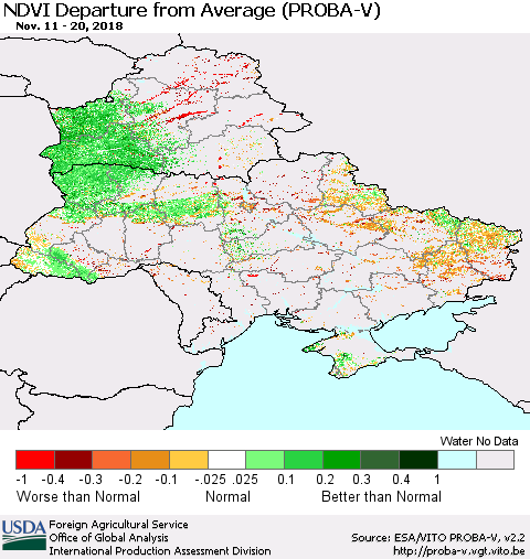 Ukraine, Moldova and Belarus NDVI Departure from Average (PROBA-V) Thematic Map For 11/11/2018 - 11/20/2018