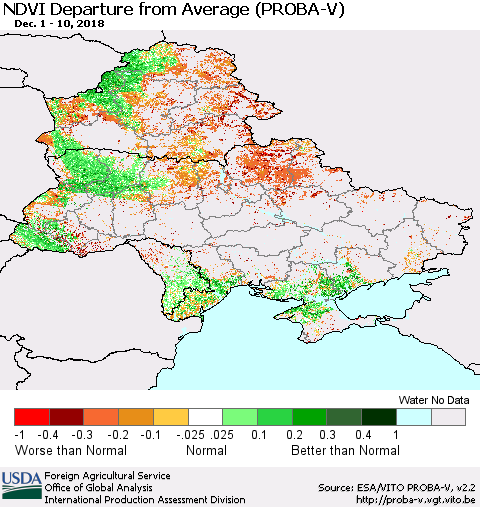 Ukraine, Moldova and Belarus NDVI Departure from Average (PROBA-V) Thematic Map For 12/1/2018 - 12/10/2018