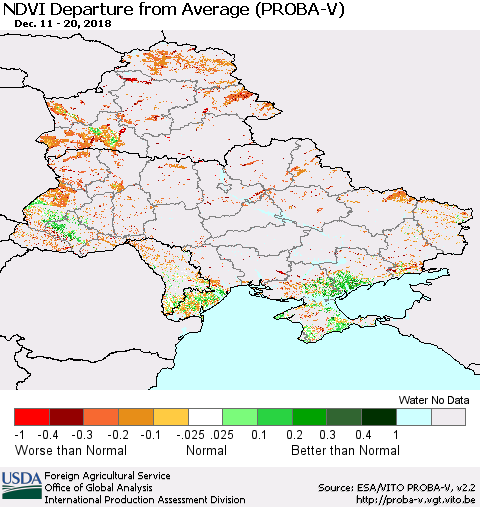 Ukraine, Moldova and Belarus NDVI Departure from Average (PROBA-V) Thematic Map For 12/11/2018 - 12/20/2018