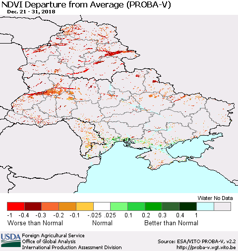 Ukraine, Moldova and Belarus NDVI Departure from Average (PROBA-V) Thematic Map For 12/21/2018 - 12/31/2018