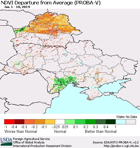 Ukraine, Moldova and Belarus NDVI Departure from Average (PROBA-V) Thematic Map For 1/1/2019 - 1/10/2019
