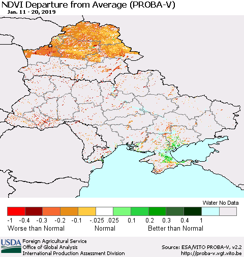 Ukraine, Moldova and Belarus NDVI Departure from Average (PROBA-V) Thematic Map For 1/11/2019 - 1/20/2019