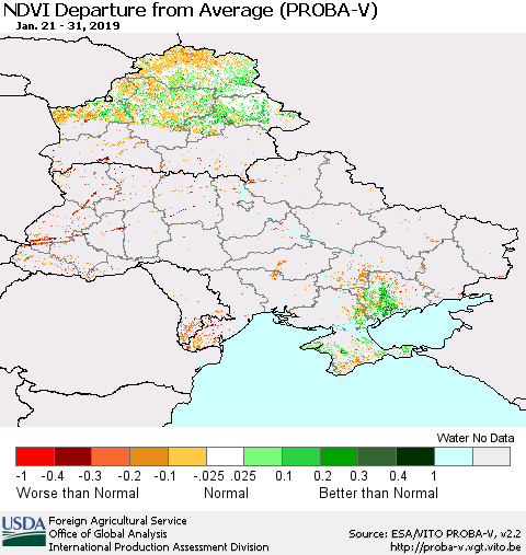 Ukraine, Moldova and Belarus NDVI Departure from Average (PROBA-V) Thematic Map For 1/21/2019 - 1/31/2019