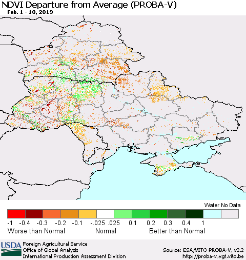 Ukraine, Moldova and Belarus NDVI Departure from Average (PROBA-V) Thematic Map For 2/1/2019 - 2/10/2019