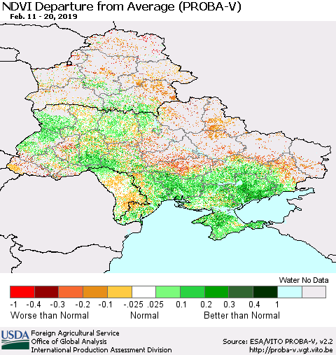 Ukraine, Moldova and Belarus NDVI Departure from Average (PROBA-V) Thematic Map For 2/11/2019 - 2/20/2019