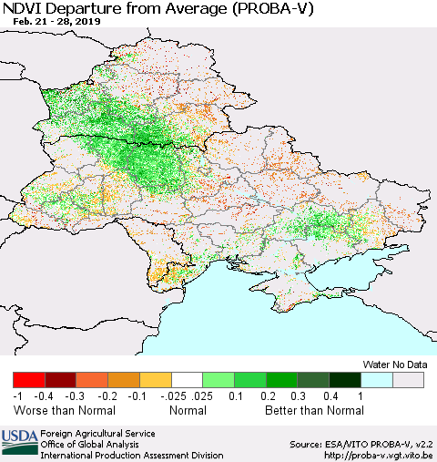 Ukraine, Moldova and Belarus NDVI Departure from Average (PROBA-V) Thematic Map For 2/21/2019 - 2/28/2019