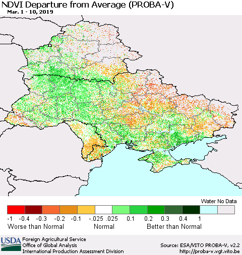 Ukraine, Moldova and Belarus NDVI Departure from Average (PROBA-V) Thematic Map For 3/1/2019 - 3/10/2019