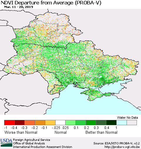 Ukraine, Moldova and Belarus NDVI Departure from Average (PROBA-V) Thematic Map For 3/11/2019 - 3/20/2019