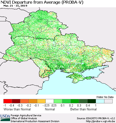Ukraine, Moldova and Belarus NDVI Departure from Average (PROBA-V) Thematic Map For 3/21/2019 - 3/31/2019