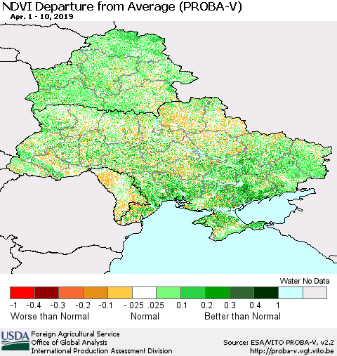 Ukraine, Moldova and Belarus NDVI Departure from Average (PROBA-V) Thematic Map For 4/1/2019 - 4/10/2019
