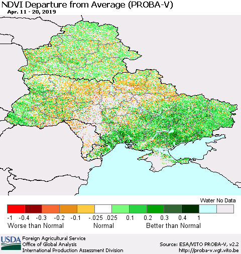 Ukraine, Moldova and Belarus NDVI Departure from Average (PROBA-V) Thematic Map For 4/11/2019 - 4/20/2019