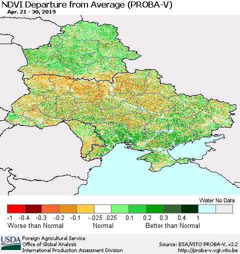 Ukraine, Moldova and Belarus NDVI Departure from Average (PROBA-V) Thematic Map For 4/21/2019 - 4/30/2019