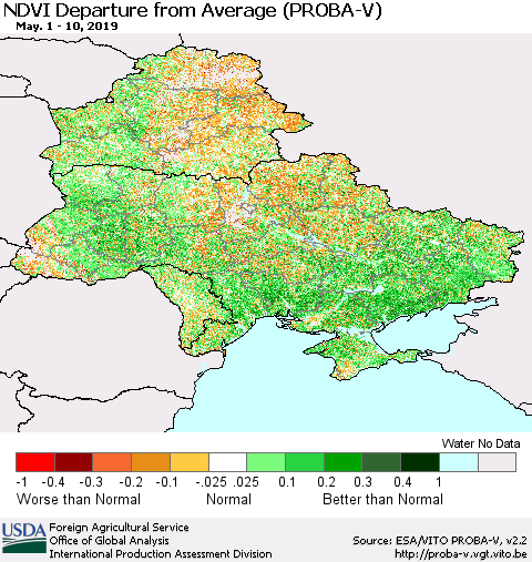 Ukraine, Moldova and Belarus NDVI Departure from Average (PROBA-V) Thematic Map For 5/1/2019 - 5/10/2019